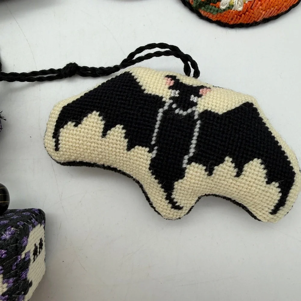 Halloween Needlepoint Ornament Set Witch Pumpkin Bat Ghost 6pc Decor